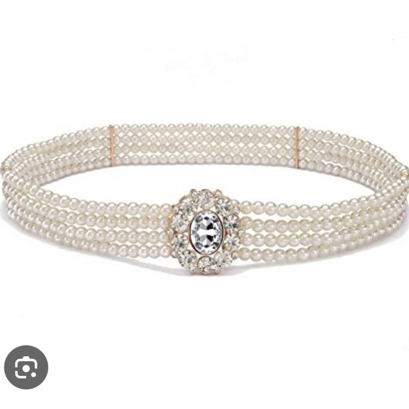 Accessories - White Faux Pearl Stretch Belt Waist Chain Rhinestone Brooch Buckle  Small Medium